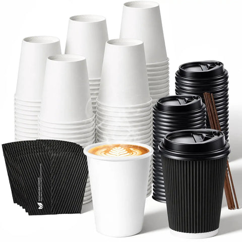 50 Pack 12 Oz Disposable Coffee Cups With Lids And Straws Insulated To Go  Paper Cups With Detachable Corrugated Sleeves For Hot Or Cold Drinks Ideal  ...