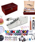 Handheld Sewing Machine With Elegant Wooden Box And 153 Piece Kit, Portable Cordless Mini Sewing Tool with accessories displayed