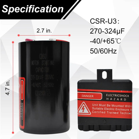 4-5 Ton HVAC Hard Start Capacitor Kit For Air Conditioners With Pre-Wired Install, Quick Boost And Kickstart For Compressors, Smart Switch, Lower Power Draw, Faster Startup And Reliable Cooling, showing dimensions and specifications