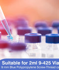 Premium Quality 100 Pack Blue 9 Mm Screw Thread HPLC Vial Caps Featuring Pre Slit PTFE Lined Septa That Pierces Like A Dream For Smooth Autosampler Action And Total Zero Hassle Lab Prep with pipette over vial.