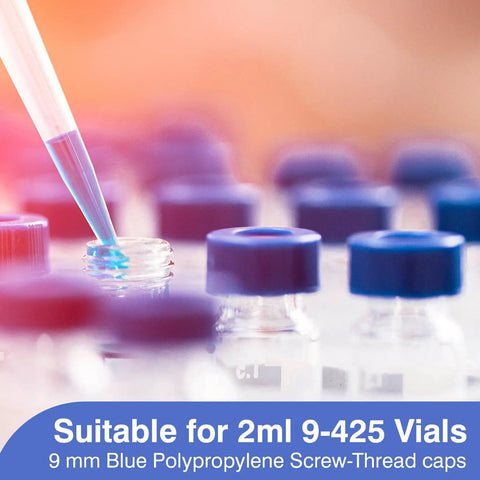 Premium Quality 100 Pack Blue 9 Mm Screw Thread HPLC Vial Caps Featuring Pre Slit PTFE Lined Septa That Pierces Like A Dream For Smooth Autosampler Action And Total Zero Hassle Lab Prep with pipette over vial.