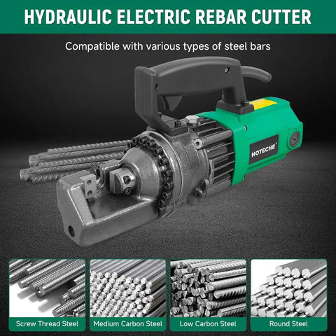 Heavy Duty 5/8 Inch Electric Hydraulic Rebar Cutter Machine with 750W motor for cutting various steel bars.