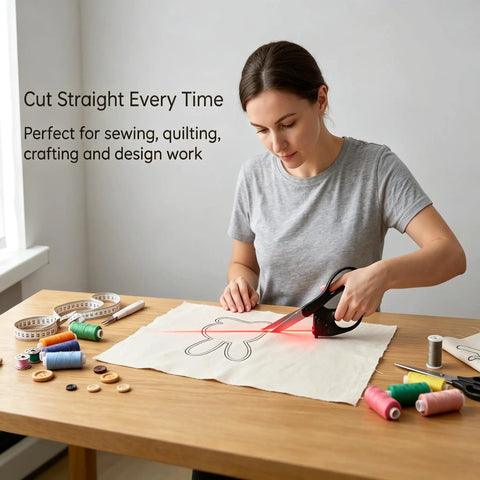 Woman using Pro Grade Time-Saving Laser Guided Fabric Cutting Scissors With Precision Laser Guide For Flawless Straight Cuts on fabric