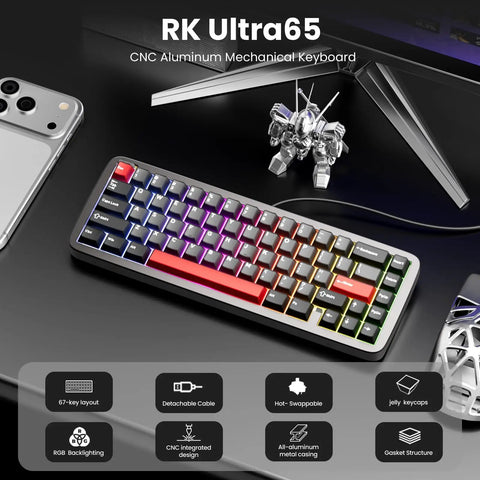 Built Like A Tank Wired 60 Percent Mechanical Gaming Keyboard With Cnc Aluminum Case Gasket Mount Hot Swappable Switches Rich Rgb Lighting And Durable Double Shot Pbt Keycaps For Top Tier Vibes on a desk with RGB lighting.