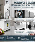 Massive 1500W Jam Free Commercial Meat Band Saw Tears Frozen Blocks And Hard Bones With Sharp Stainless Steel Blade on work table.