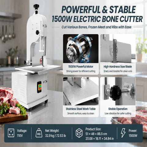 Massive 1500W Jam Free Commercial Meat Band Saw Tears Frozen Blocks And Hard Bones With Sharp Stainless Steel Blade on work table.