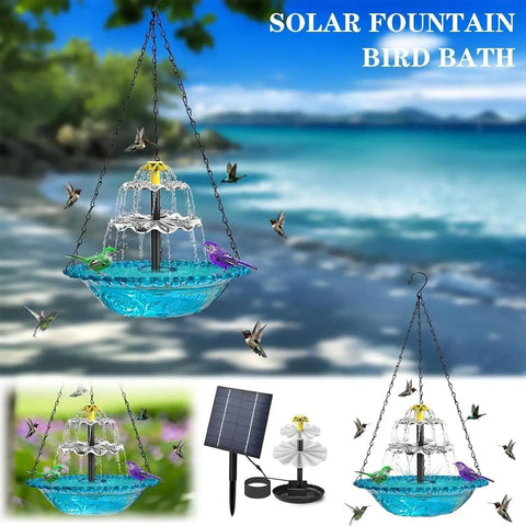 Sun Powered Hanging Bird Bath Fountain Three Layer Cascade for outdoor garden attracting hummingbirds, no wires needed