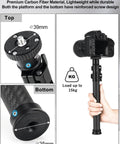 Lightweight Carbon Fiber Tripod Extension Pole Compatible With Dji And Zhiyun Gimbals 3 Section Extender for Smartphones 11 to 25 Inches, top and bottom view with camera attachment.