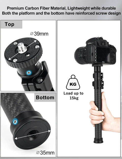 Lightweight Carbon Fiber Tripod Extension Pole Compatible With Dji And Zhiyun Gimbals 3 Section Extender for Smartphones 11 to 25 Inches, top and bottom view with camera attachment.