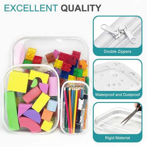 7 Inch Clear Hard Shell Zipper Case Set With Double Zippers, colorful toys and pencils inside, transparent storage, 3 pack