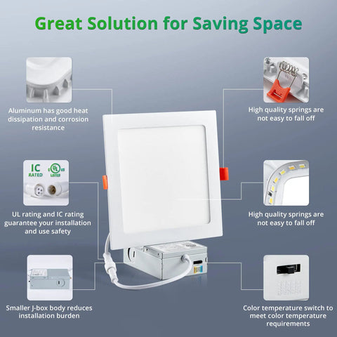 6 Inch LED Recessed Lights Kit 12 Pack Ultra Thin Square with junction box and features highlighted