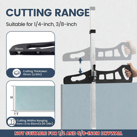 Foldable Drywall Cutter Featuring Adjustable Blade And Dual Scale Ruler With Laser Etched Markings For Quarter Or Three Eighths Inch Gypsum showing cutting range and thickness for drywall.