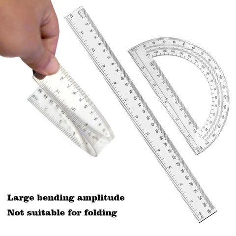 Two Pack 12 Inch Ruler And 6 Inch Clear Protractor Set For Math And Geometry, showing flexible transparent ruler and protractor