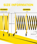 Rock Solid Rolling Security Gate 17ft Expandable Metal Barricade showing foldable and expanded sizes with measurements.