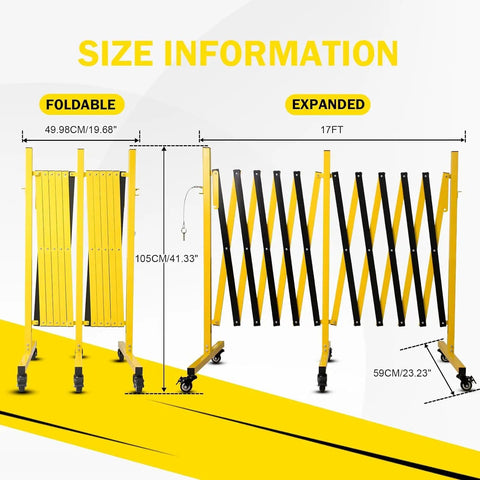 Rock Solid Rolling Security Gate 17ft Expandable Metal Barricade showing foldable and expanded sizes with measurements.
