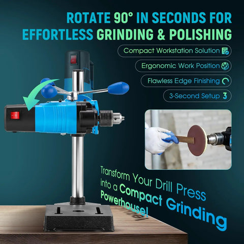 Mini Benchtop Drill Press With 6 Speeds And 2800 RPM For Metal Wood And DIY Projects 1200W Power Portable Table Driller shown in rotary position.