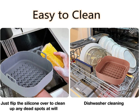 Two Pcs Silicone Air Fryer Liners 8 Inch in sink with sponge and dishwasher with dishes.