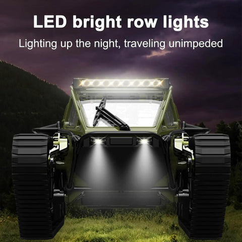 Front view of All Terrain 1 To 16 Scale Remote Control Tank Crawler with bright LED lights, suited for night adventures.