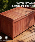 75 Gallon Wood Deck Box Outdoor Storage Bench For Patio Cushions Pillows Garden Tools And Pool Accessories With Solid Wood Support And Large 44.5 Inch By 20.9 Inch By 23.6 Inch Dimensions on wooden deck