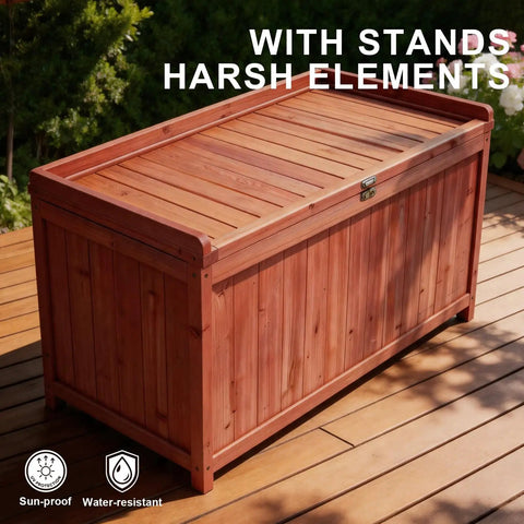 75 Gallon Wood Deck Box Outdoor Storage Bench For Patio Cushions Pillows Garden Tools And Pool Accessories With Solid Wood Support And Large 44.5 Inch By 20.9 Inch By 23.6 Inch Dimensions on wooden deck