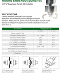 Specifications for No Sweat Heavy Duty Ratchet Knockout Hole Punch Driver Kit 1 2 To 2 Inch Manual Knockout Tool with size details.