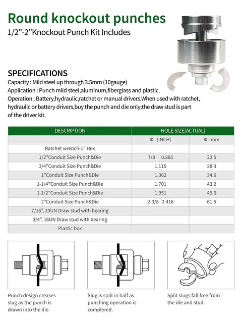Specifications for No Sweat Heavy Duty Ratchet Knockout Hole Punch Driver Kit 1 2 To 2 Inch Manual Knockout Tool with size details.