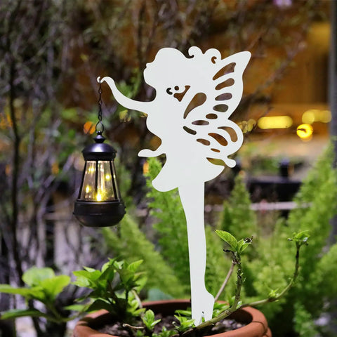 2 Pack Metal Fairy Hanging Lantern Solar Outdoor Garden Stakes With Silhouette Lights in garden pot
