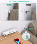 5ft thin extension cord showing under-desk installation for 8 In 1 Desk Clamp Power Strip With 4 Outlets And 4 USB Ports Including 2 USB-C PD Fast Charge