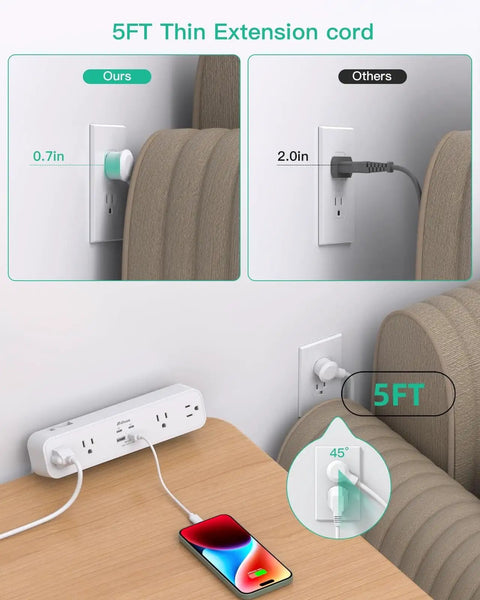 5ft thin extension cord showing under-desk installation for 8 In 1 Desk Clamp Power Strip With 4 Outlets And 4 USB Ports Including 2 USB-C PD Fast Charge