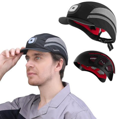 Lightweight Bump Cap With Reflective Stripes, Breathable Baseball Cap Style Head Protection Hat For Men And Women, ABS Shell EN 812 Certified, Black With Light, Large
