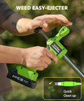 TaskStar 21V Battery Powered Weed Puller Tool With Two 2000Mah Batteries hand gripping the easy-eject feature for weed removal