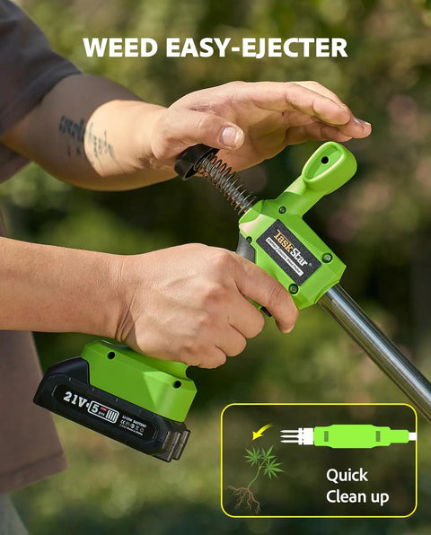 TaskStar 21V Battery Powered Weed Puller Tool With Two 2000Mah Batteries hand gripping the easy-eject feature for weed removal