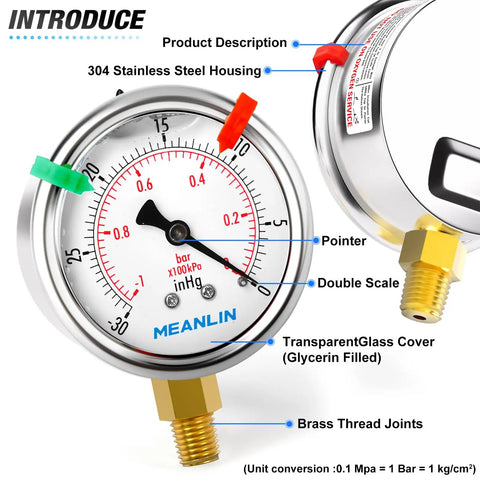 Tough As Nails Stainless Steel Liquid Filled Vacuum Gauge With 2.5 Inch Dial 1/8 NPT Connection Lower Mount -30 InHg To 0 Psi Range WOG Water Oil Air Snaps Included stainless steel vacuum gauge with brass threads and dual scale