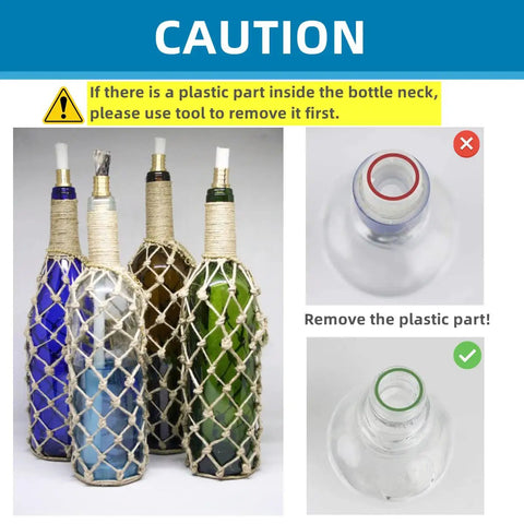 Wine Bottle Torch Kit With Long Life Wicks And Brass Wick Holders For DIY Outdoor Tiki Torches Just Add Any Bottle To Create Warm Garden Light And Bar Decor Pack Of 4 showing colored bottles with nets and wicks.