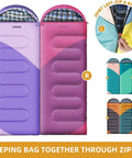 Water-Resistant Portable Purple Sleeping Bag For Adults Teens And Kids joined with pink bag via zipper, 86.6x32.48 inches.