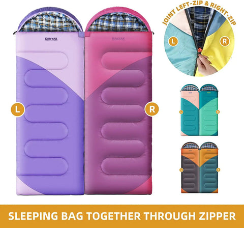 Water-Resistant Portable Purple Sleeping Bag For Adults Teens And Kids joined with pink bag via zipper, 86.6x32.48 inches.