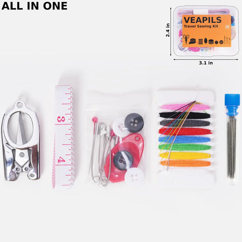 Travel Sewing Kit Grab And Go 38 Piece Portable Emergency Sewing Set with colorful threads, scissors, tape measure, buttons, needles.