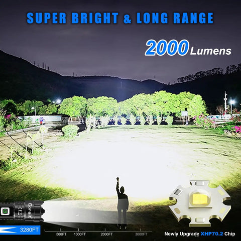Ultra Bright 10000 Lumen USB Rechargeable Flashlight With XHP70.2 LED lighting up a park at night, showcasing its long-range focus.