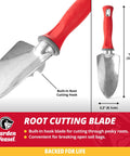 Pro Grade Heavy Duty Garden Trowel For Planting Digging And Cultivating with red handle and root cutting hook.