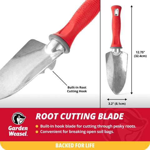 Pro Grade Heavy Duty Garden Trowel For Planting Digging And Cultivating with red handle and root cutting hook.
