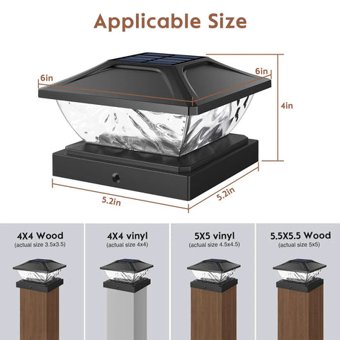 Solar Post Cap Lights 8 Pack For 4x4 And 5x5 Fence Posts Waterproof Outdoor Lamps dimensions and base size options