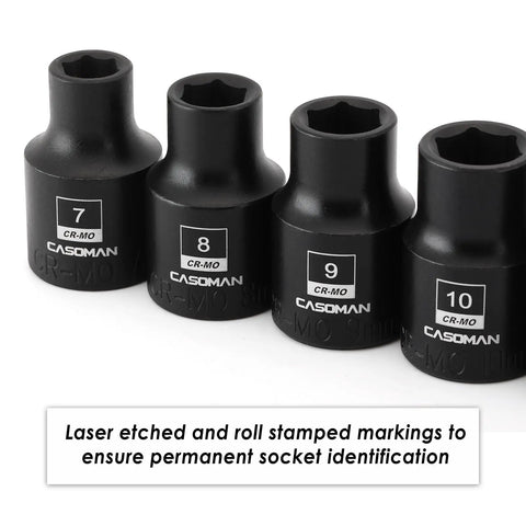 Close-up of 3/8 Inch Drive Magnetic Socket Set Shallow 6-Point Metric 7mm to 19mm, showing sockets 7 to 10 with labels.