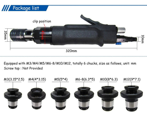 MxbaoHeng Pneumatic Tapping Machine For M3 To M12 Internal Threads with 6 chucks and dimensions shown in an informative layout.