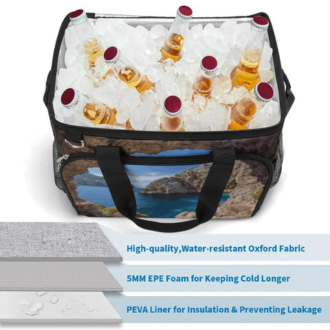 Insulated Picnic Backpack Tote Bag 30L Large Capacity Cooler Bag with bottles in ice, leakproof and waterproof for outdoor use.