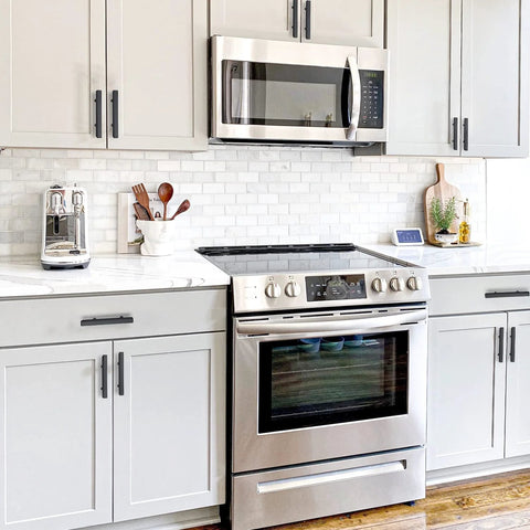 Modern kitchen with Thirty Pack Matte Black Cabinet Pulls Three Inch Cabinet Handles With Five Inch Overall Length And Drill Mounting Template