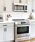 Modern kitchen with 55 Pack Matte Black Cabinet Pulls 3 Inch Handles For Cabinets With Drill Mounting Template And 5 Inch Overall Length