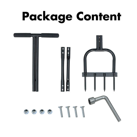 Package contents of Pro Grade Spike Aeration Tool For Compacted Soils And Lawns With Heavy Duty Steel Frame