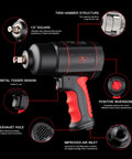 Heavy Duty 1/2 Inch Air Impact Wrench With Killer 1200 Ft Lb Torque And Twin Hammer Design showing features like orbital trigger and exhaust hole.