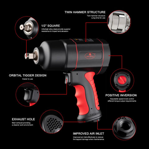 Heavy Duty 1/2 Inch Air Impact Wrench With Killer 1200 Ft Lb Torque And Twin Hammer Design showing features like orbital trigger and exhaust hole.