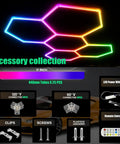 RGB Hexagon Ceiling Light Fixture 15 Pack With Dope Color Modes showing accessories like connectors, clips, remote, and adapter.